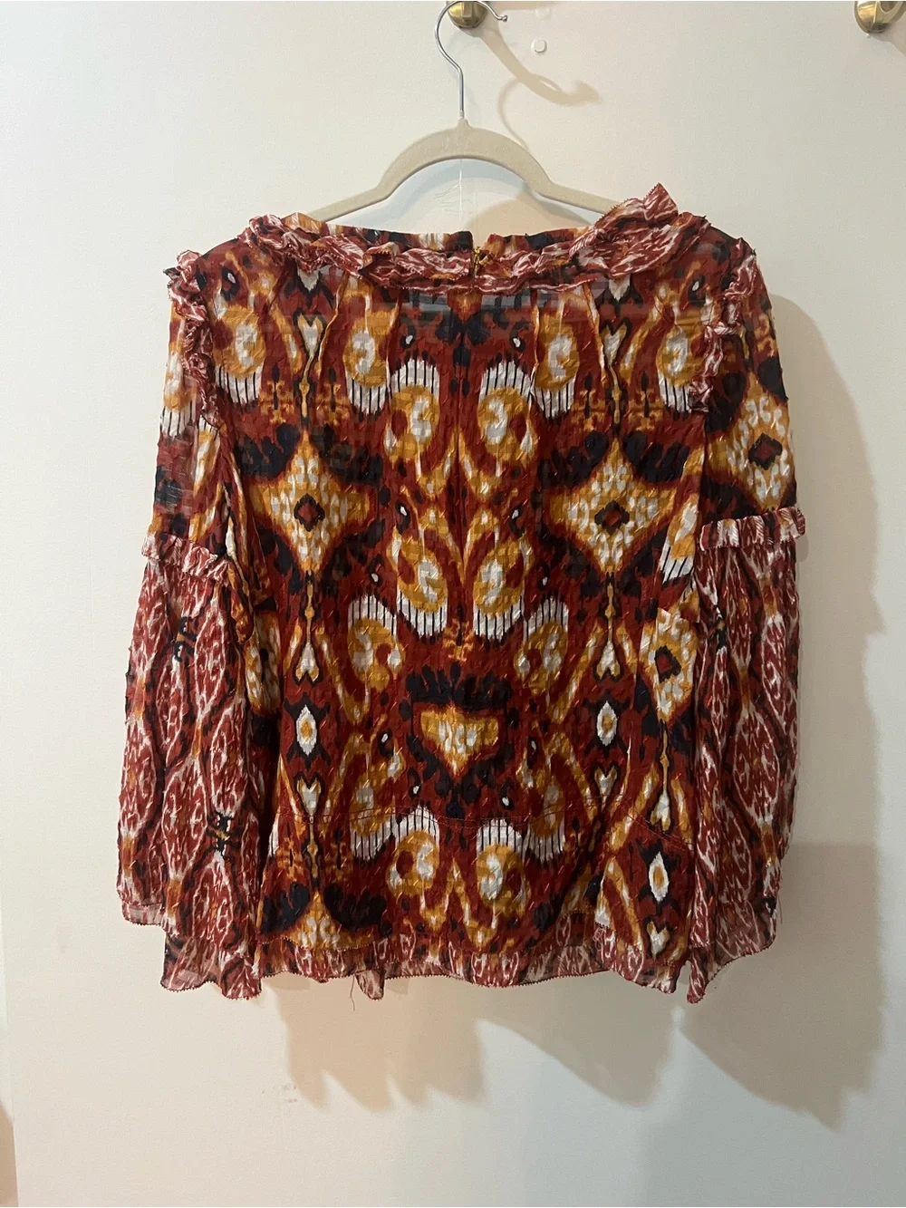 Tory Burch Rust and Brown Ikat-Print Ruffled Neck Blouse